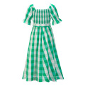 Casual Wear Puff Sleeve Plaid Smocked Midi Dress